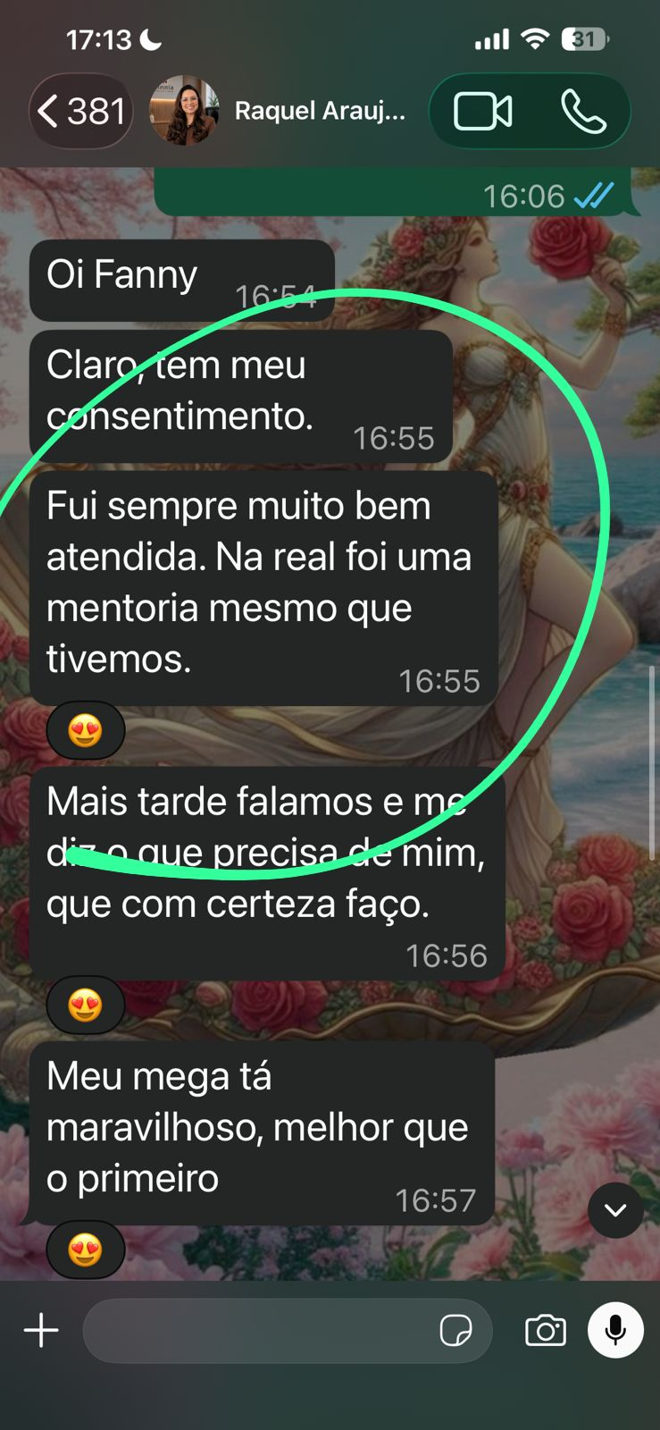 Print do depoimento de Raquel Araújo Rabelo no WhatsApp